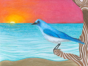 A fantastical colored pencil drawing, depicting a beach at sunset. There is a tree on the foreground on the right whose bark contains white swirls. Only some of the tree trunk is visible, and one broken branch at middle height. A blue songbird, drawn with a high degree of verisimilitude, is perched on the broken branch.