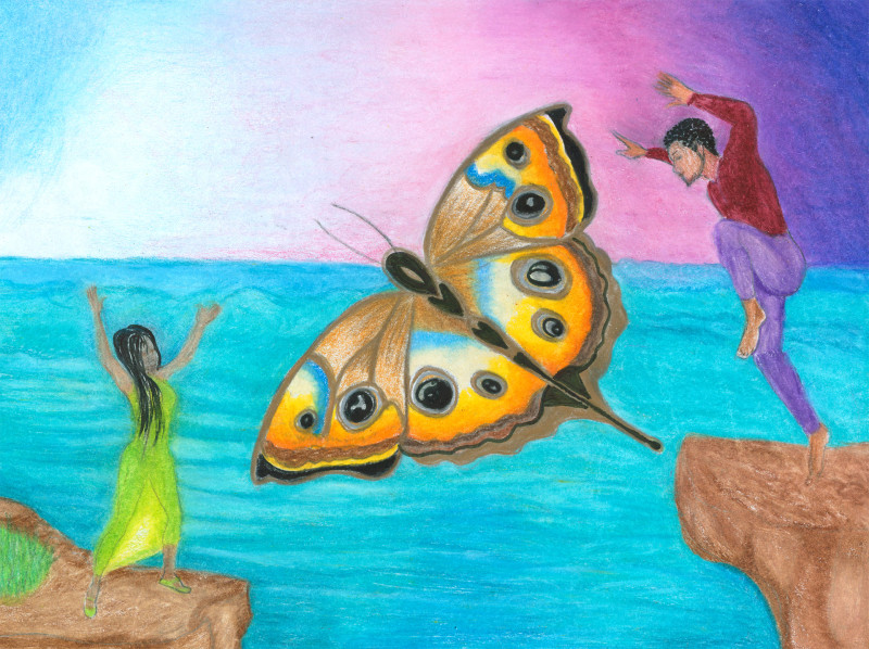 A fanciful colored pencil drawing that shows two human figures dancing and an oversized butterfly. The woman on the left wears a semi-translucent lime green dress, her arms are up. She stands on a cliff with some grasses to her left. The man on the right is standing on one foot, with his other leg bent and his arms above his head. He is also on a cliff. Between them is the enormous butterfly. The background contains an ocean, and a sky that is drawn in blues and purples.