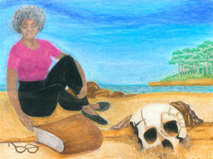 A colored pencil drawing of the artist's mother sitting crosslegged on a beach. In the foreground are her glasses, an oversized book, and a large human skull, half buried in the sand. There are small rocks throughout the beach. There is water beyond the shore and a clear sky overhead. In the distance, across the water, is a spit of land with tall grasses and trees.