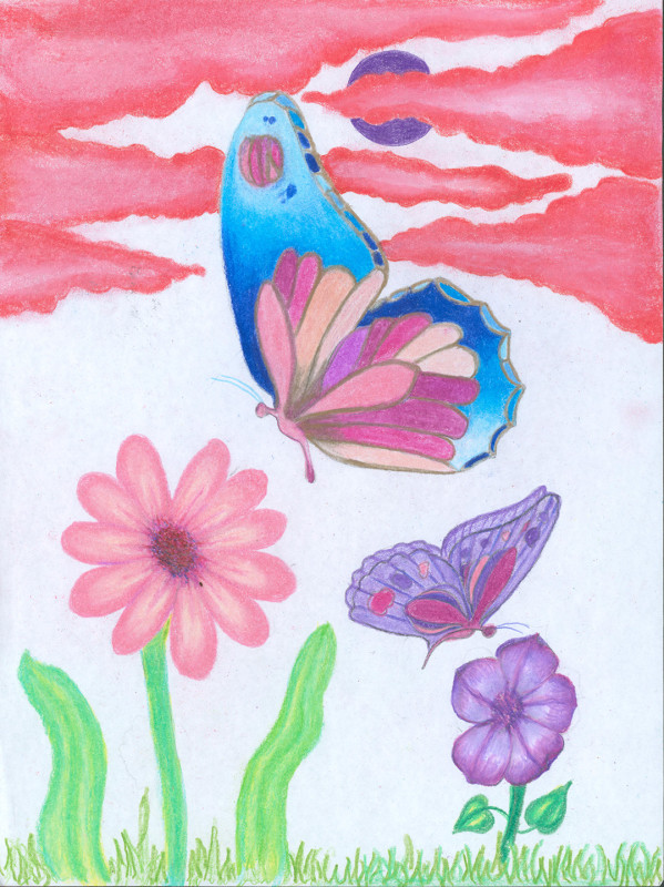 A colored pencil drawing of two butterflies each visiting a flower. The colors are non representational: one butterfly has indigo wings with pink accents, the other has purple wings with maroon accents. There are pink clouds and a purple sun in the background. One flower is pink with one stalk and two leaves emerging from the ground. One flower is purple, it is on one stalk with two opposite leaves.