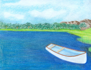 A colored pencil drawing of a tranquil lake scene. A white canoe is in the foreground, in a placid body of water. There are reeds at the grassy bank. A small mountain is in the distance, with a forest in the middle ground.
