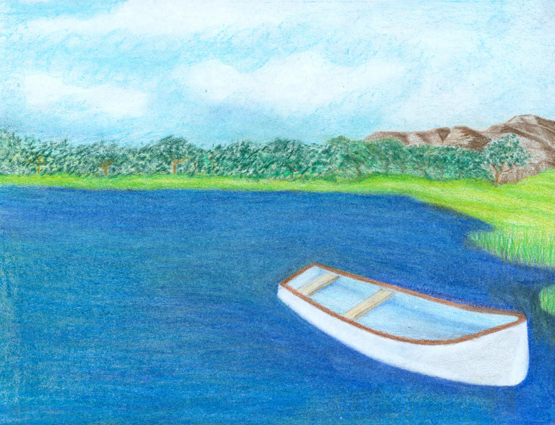 A colored pencil drawing of a tranquil lake scene. A white canoe is in the foreground, in a placid body of water. There are reeds at the grassy bank. A small mountain is in the distance, with a forest in the middle ground.