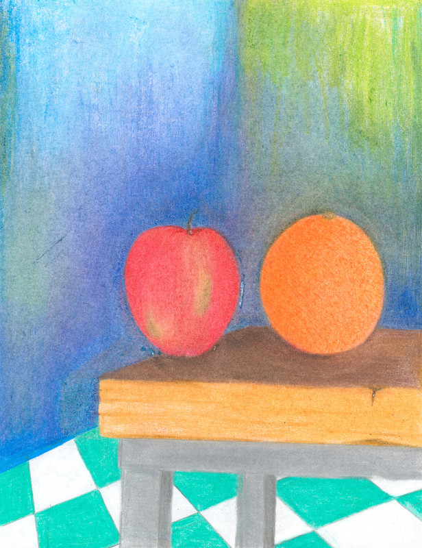 A still life colored pencil drawing of an apple and an orange on a table. The table is made of thick wood, with metal legs. The walls are mottled blue and green, the floor is teal and white check.