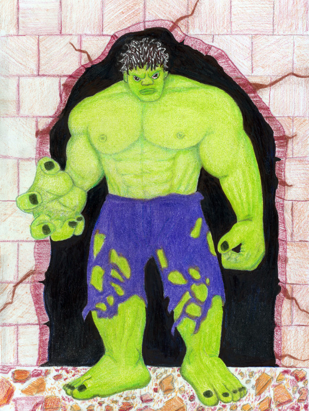 A cartoon of the comic book monster The Incredible Hulk, who has burst through a cement block wall and glowers at the viewer. His right hand is about to be clenched into a fist and his pants are torn.