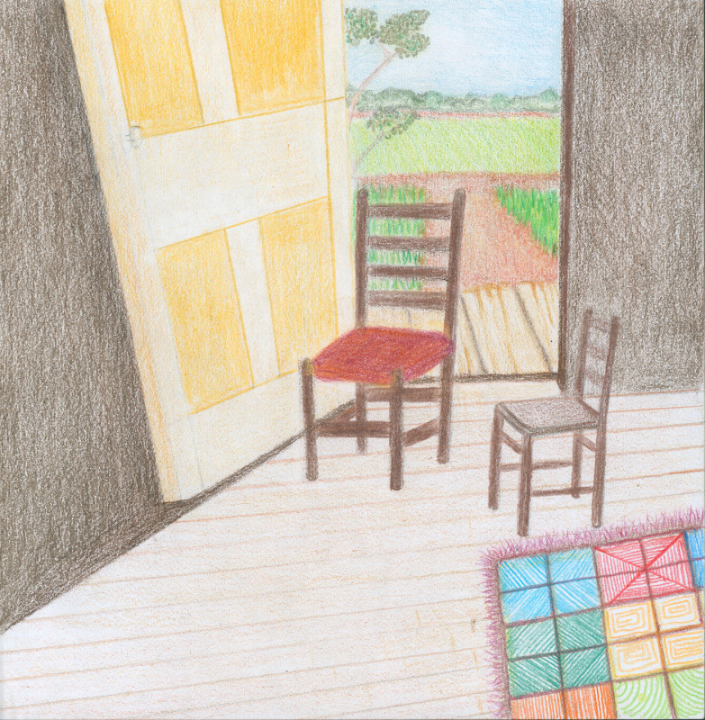 A colored pencil drawing with unrealistic perspective, of two ladderback chairs and a small rug is inside a room with the exterior door open in the background. The angels are skewed. Outside there is a wooden porch, with a dirt road leading to it from a field, with grass on either side. The door is yellow. The room evokes a cabin or other simple dwelling.