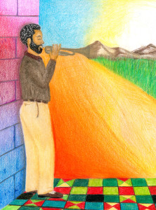 A colored pencil drawing of a man of color playing the trumpet outdoors. He is wearing a brown shirt, pale yellow pants, and loafers. His hair and beard are short. The colors elsewhere are nonrepresentational. The brick wall he leans against is rainbow hued. An orange and yellow color field seems to suggest a road. Mountains and grasses in the distance are realistic, but the sky is partly blue and partly yellow. The man stands on an abstract, African-inflected pattern that suggests a tiled floor.
