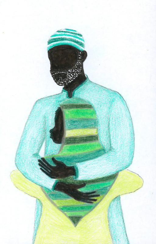 A colored pencil drawing of a man and woman embracing. The man faces the viewer. Their skin is rich, inky black, with no details or features included. Both figures wear head coverings.