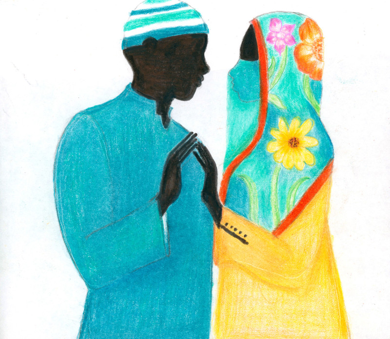 Two figures in profile face each other in this colored pencil drawing. One of each of their hands is raised, and they are barely touching each others' fingers. Both wear head coverings, the female also wears a veil covering her nose and mouth. The skin of both is inky black, with no features or details depicted.