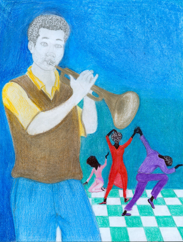 A colored pencil drawing of a man playing the trumpet with three dancing figures in the background. The image is colorful but the man's face, hands, and the mouthpiece of the trumpet show white space and pencil marks. The three dancers are in colorful, loose clothing. A man and woman hold raised hands and are in modern dance postures. A woman kneels alone with one hand raised on a teal and white check floor.