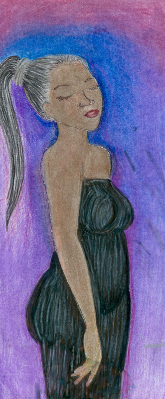A colored pencil drawing of a young woman of color in 3/4 profile, with her eyes closed. She wears a black leotard and a high ponytail. Behind her is an abstract color field of blues and purples.