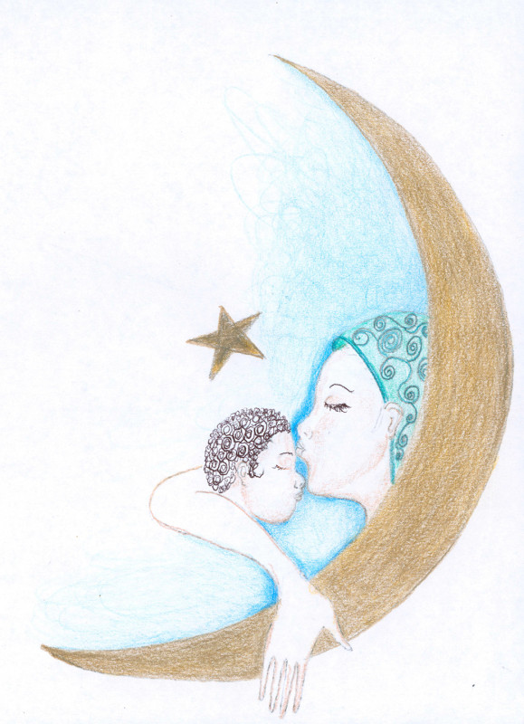 A colored pencil drawing depicting a mythical or allegorical mother and son. The mother's face is shown in profile, pecking the child on their forehead, and embracing them. A golden crescent moon creates the boundary of the picture plane. A gold star and some electric blue highlights are the only other features.