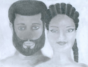 A portrait of a young man and woman in pencil. They are young, possibly African American. They are attractive: the man has a medium length afro and beard, the woman wears her hair in box braids. They are side by side and drawn from the shoulders up.