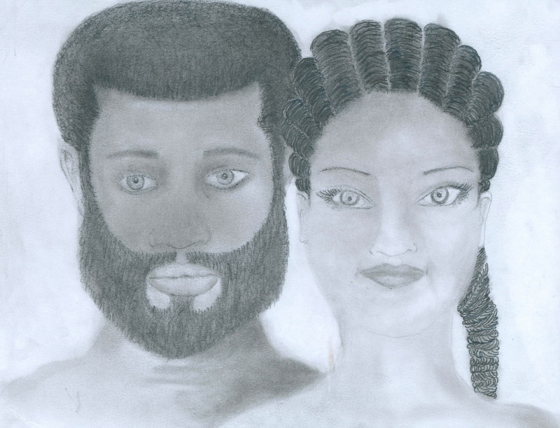 A portrait of a young man and woman in pencil. They are young, possibly African American. They are attractive: the man has a medium length afro and beard, the woman wears her hair in box braids. They are side by side and drawn from the shoulders up.
