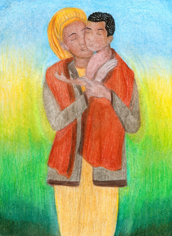 A colored pencil drawing of a woman of color carrying a child inside her garment. She wears a canary yellow head covering and a brown cardigan with a rust-colored shawl. The child and the woman are touching their cheeks together. An abstract background is drawn as a gradient from dark green at the bottom, through yellow, to pale blue at the top.