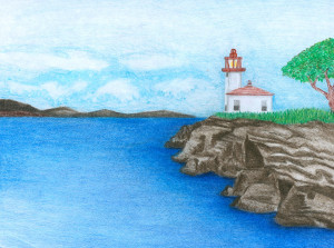 A colored pencil drawing of a small lighthouse on a rocky promontory. The landscape also contains grasses and a part of one tree, on the righthand side. Most of the picture contains still water, but there are low mountains in the distance under a hazy afternoon sky.