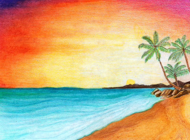 A vibrant colored pencil drawing of a tropical beach at sunset. The landscape is mostly water, with a small sand beach in the lower right. Three palm trees grow nearby some large rocks in the middle distance. Beyond them are some low hills and a setting sun. The very edge of the sky is empurpled at the upper left.