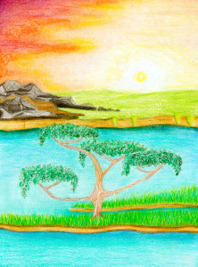 A fantastical landscape in colored pencil. Seemingly a bayou or delta, a tree that looks subtropical grows from a small spit of land surrounded by water. Some larges rocks and a grassy plain are on the opposite shore. The sun is setting, low on the horizon in a sky of pale yellows fading to dark red.