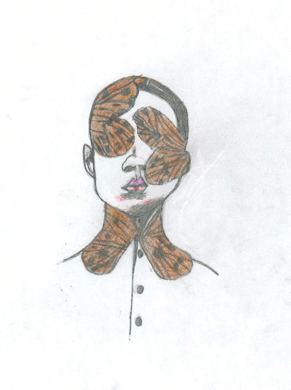 A pencil drawing of a young woman seen from the shoulders up. Her head is tilted slightly up, she wears a white shirt buttoned to the neck. There is one butterfly wing, similar to a monarch's wing pattern, covering each of her eyes, and one on each side of her neck.