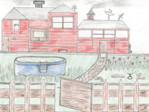 A colored pencil drawing of a structure with firetruck red cladding that may be a house or may be a barn. There is a window on the second floor with a crane-like tool hanging out. There are two chimneys and a satellite dish on the roof. The perspective is superflat. There is a yard and stone path in the middle ground, as well as a small plot of tulips and an above-ground pool. A wooden fence with an open gate occupies the foreground.