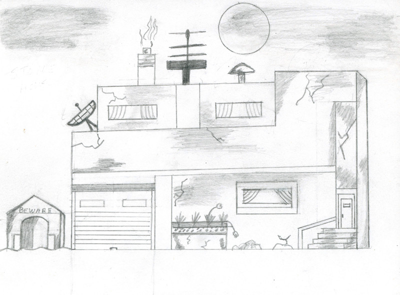 A pencil drawing of a two-story stucco residential building. There are cracks in the stucco, and curtains in the three windows. The perspective is superflat. A set of four stairs leads to a small door on the right, and a garage door is on the left. A satellite dish, antennae, and a chimney are on the roof. There is a dog house at an unusually large scale on the left, with the text 