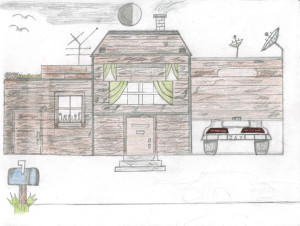 A superflat colored pencil drawing of a house with wooden siding. There is a door to the left and in the center, with a garage door on the right. The garage is partly open to reveal the back of a car. There are two satellite dishes, a chimney, and an antennae on the roof. There is a celestial body above that is circular, half white and half black. There are three windows with curtains, and a blue mailbox. Some birds fly above the house.
