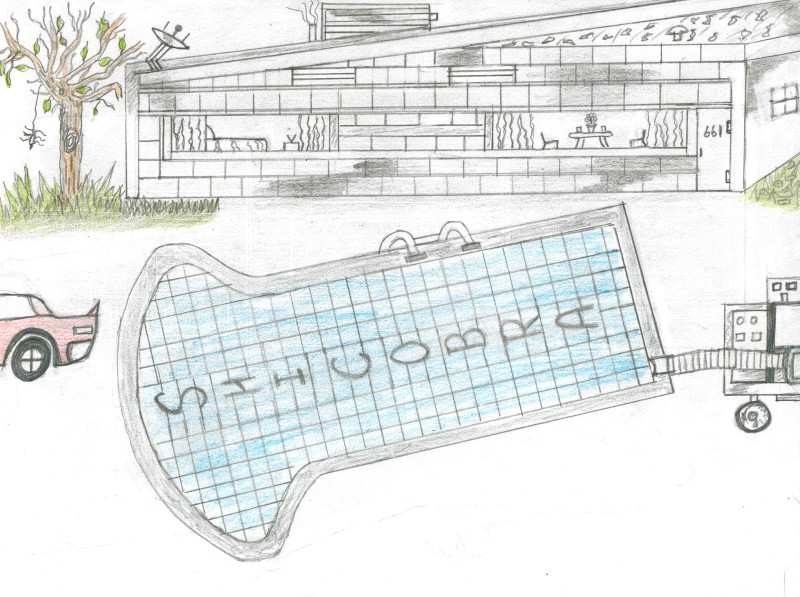 A drawing of a modernist house and a pool seen from above. The house has a shed-style roof and is one story. A door with the number 661 is on the right. Two long, low windows reveal a dining table with two chairs on the right, and a bed and some houseplants on the left. There is a dying tree with a large spider at left. The pool's tiles have letters that read 