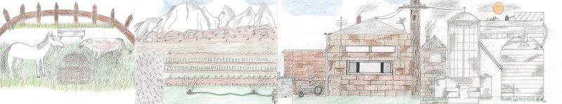 A four-panel drawing depicting a farming scene. A horse and a cow eat hay in an enclosed field in the leftmost panel. The panel in the middle left shows row crops being irrigated from overhead, with a mountain in the background. The middle right panel shows a house, with a telephone pole and a tractor to either side. The rightmost panel shows a granary and other farm buildings.