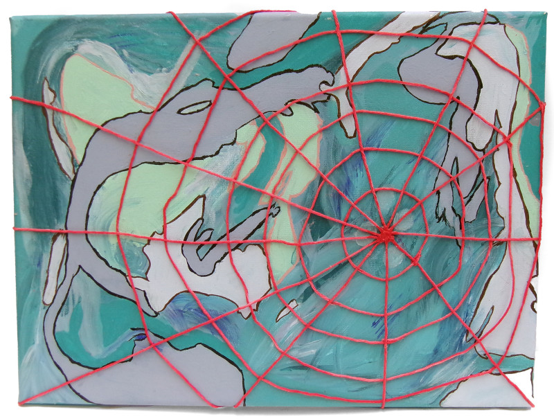 A painting of abstract patterning evoking camouflage, in tones of seafoam, lavender, and dove grey. On top of the painting is red yarn in a spiderweb pattern.