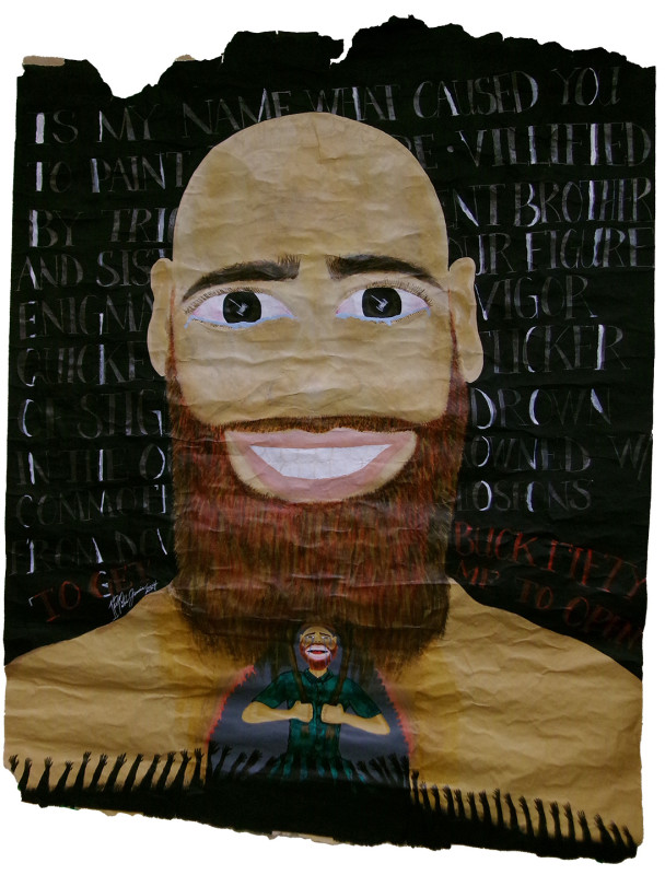 A portrait of a smiling man from the shoulders up. He is bald and has a long beard. Behind him is indistinct white text on a black background. Another tiny figure appears below his chin. This figure is weeping, his moth is open as if screaming. He is pulling apart prison bars that cage him.