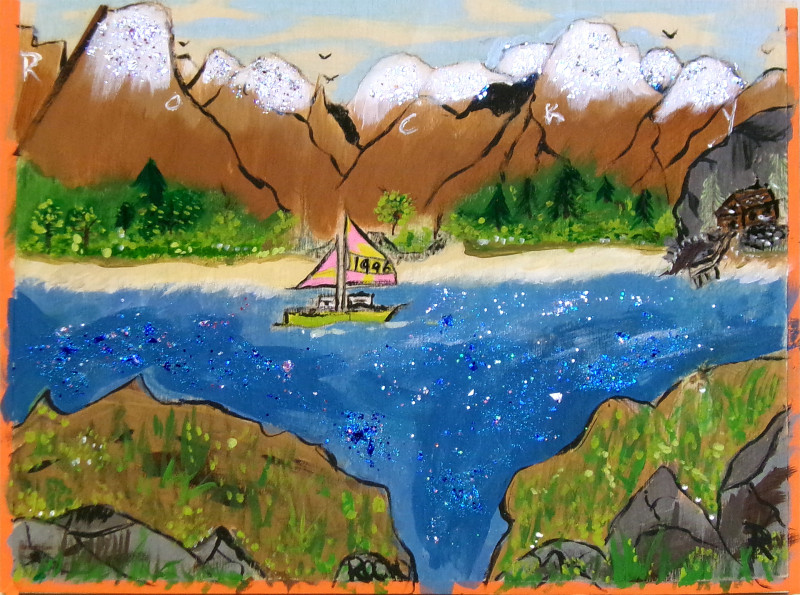 A pleasant landscape scene featuring a sailboat with pink sails emblazoned with 