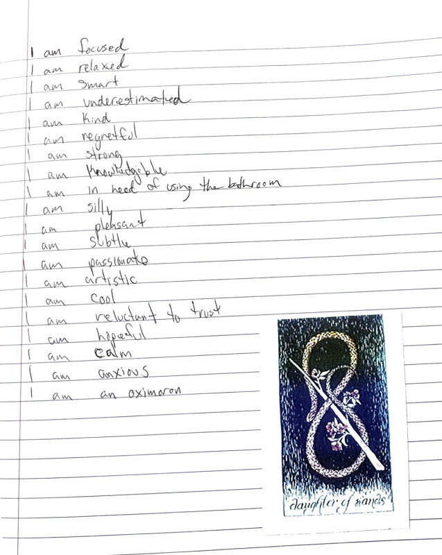A notebook page with text reading 
