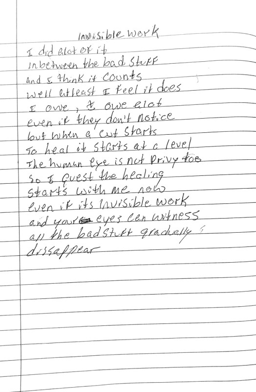 A notebook page with text reading 