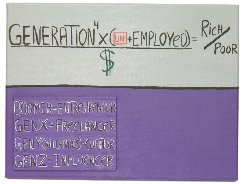 A horizontal painting that is light grey at the top and purple underneath. At top, there is text reading 