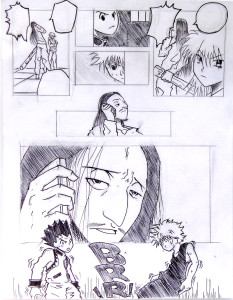 An anime-style cartoon of a man receiving a phone call, which interrupts a sword fight.