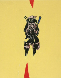 A collaged image of a samurai against a pale yellow color field. Red triangles are above and below the samurai.