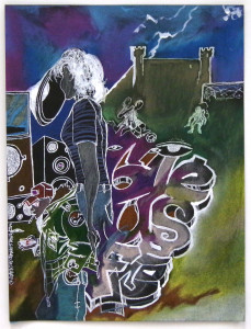 A complex image of a woman facing away from the viewer, surrounded by speakers and graffiti lettering. This is all rendered in white against a mottled green/blue background. A man in a puffer coat with his hands in his pockets appears in profile at the lower left. A building like a castle appears in the distance at top right.